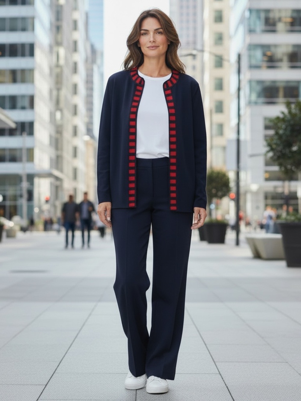 Misook Womens Navy Blue And Red Open Front Cardigan Blazer Business. Size Medium